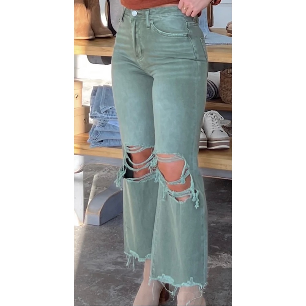 Vervet high waisted olive distressed knee and slight crop jeans